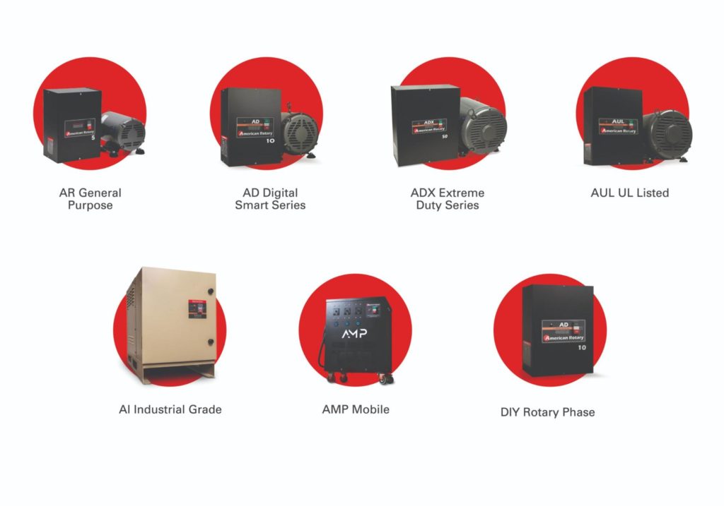 American Rotary phase converters arranged into 2 rows with each product in front of a solid red circle all on a red background.