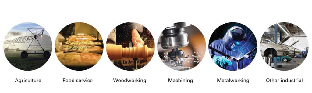 Infographic showing a range of different applications for phase converters including in agriculture, food service, woodworking, machining, metalworking, and other industrial applications.