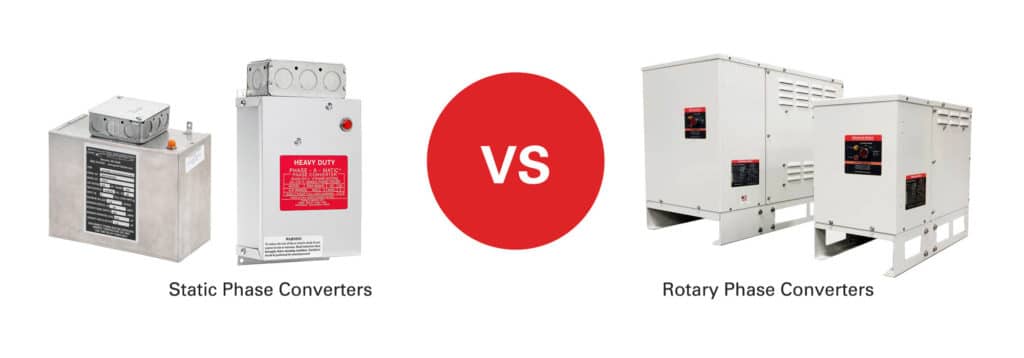 Static phase converters and rotary phase converters on a white background with versus in the center in a red circle.