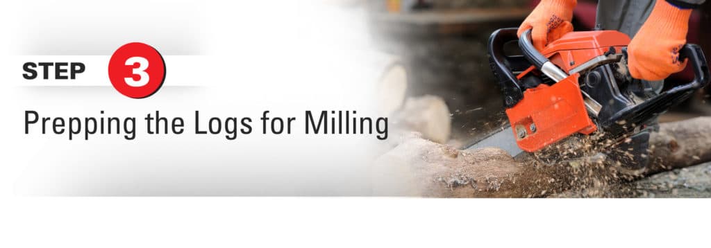 Man using chainsaw with caption "Finding and Picking Logs"