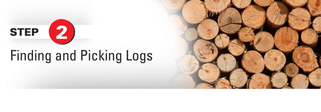 Logs of various sizes with caption "Finding and Picking Logs"