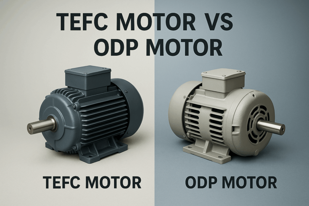 TEFC vs ODP motor comparison showing sealed dark blue TEFC motor with external cooling fins next to open beige ODP motor with visible ventilation slots